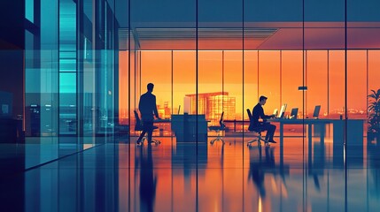 Fototapeta premium Modern Office Background with Business Employees Working at Sunset