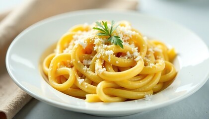 Shredded parmesan cheese sprinkled over white surface, creamy, pasta