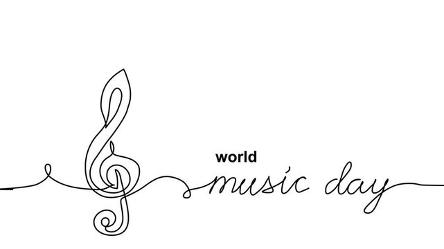 World Music Day simple animated illustration with treble clef sign and musical notes .One continuous self drawing line animation, footage for Music Day