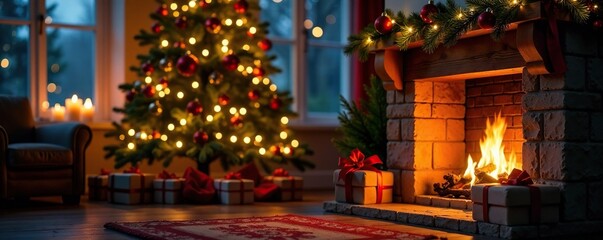 Sparkling lights illuminate Christmas tree and surrounding fireplace, holly, warm lighting