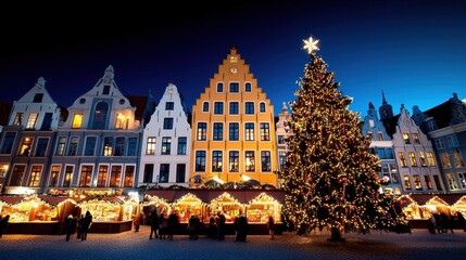 Fototapeta premium A photostock of a traditional Christmas market at night, glowing with colorful lights, bustling stalls, and festive decorations, evoking holiday joy and nostalgia. High Quality