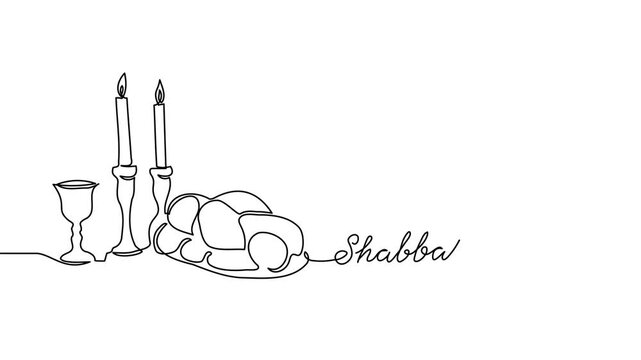 Shabbat Shalom, mean peaceful sabbath, simple animated illustration with challah, candle and wine. One continuous self drawing line animation, footage