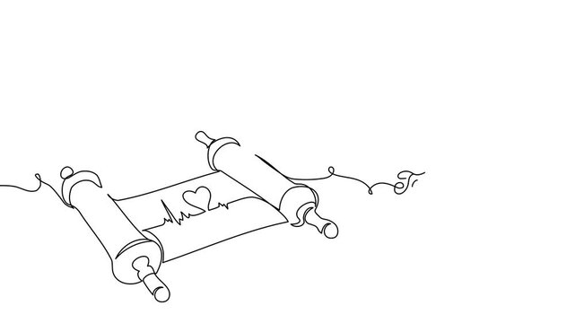 Torah scroll and heart animated illustration. One continuous self drawing line animation, footage of jewish Torah scroll