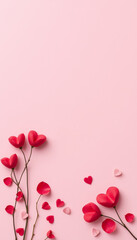 illustration of a valentines day themed image, greeting card with blank copy space area decorated with rose petals