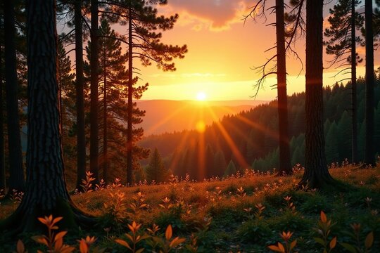 Sunset over Zirben forest with golden light filtering through trees, woods, nature, zirben