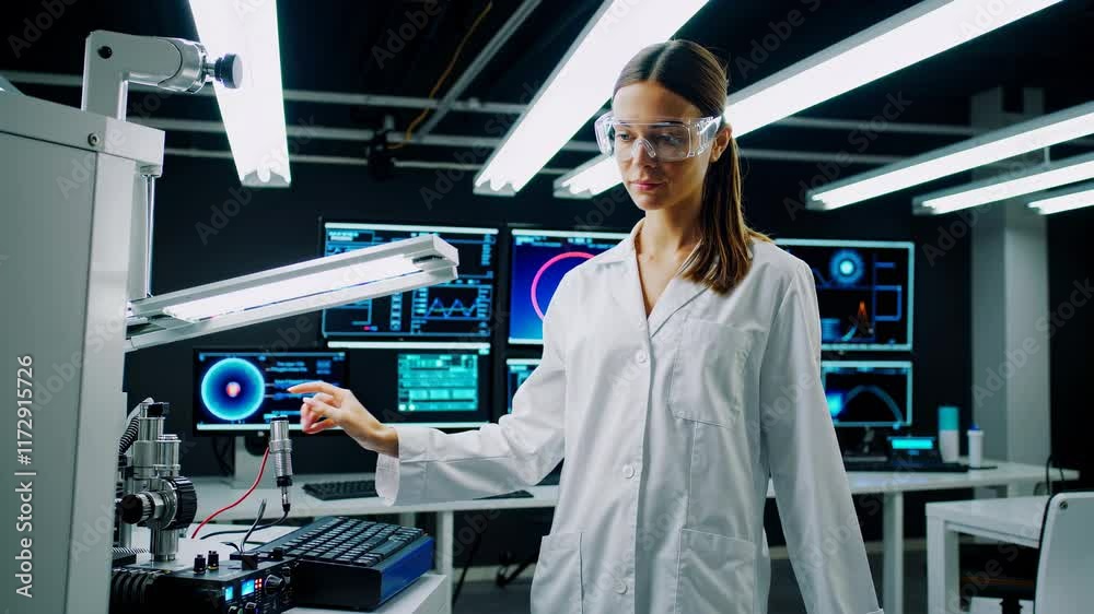 Poster scientist conducts experiments in modern laboratory with advanced technology in action