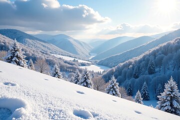 Obraz premium The rolling hills of Galashiels are covered in a blanket of fresh snow on a crisp winter morning, scenery, eildon