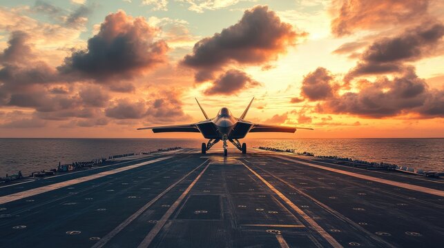Front view of an F-22 Raptor fighter jet ready to take off from the aircraft carrier deck. Calm sea and scenic sunset on the background. Military aircraft, navy