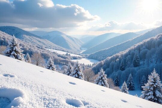 The rolling hills of Galashiels are covered in a blanket of fresh snow on a crisp winter morning, scenery, eildon