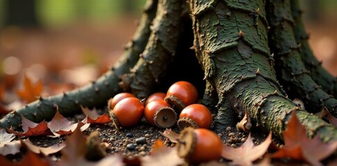 Thorns and chestnut husks scattered around the base of a tree trunk, nature, twig fragment, bare branches