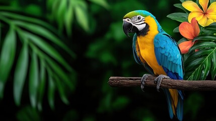 Obraz premium A photostock of a tropical bird perched on a colorful floral branch, surrounded by lush greenery, symbolizing exotic beauty and nature's diversity. High Quality