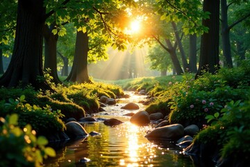 Warm sunrays penetrate through leafy branches into a serene water stream, shadow, calm