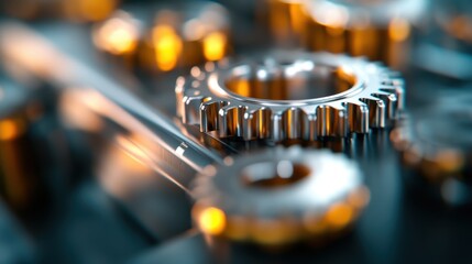 Close-up image of shiny metallic gears interlocking, capturing the essence of industrial precision and mechanical movement in a technological setting.