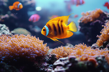 Angelfish swims by coral in reef aquarium, other fish blurred