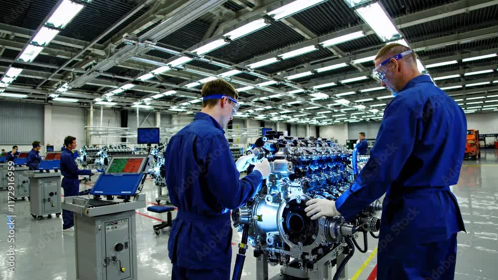 Poster workers assemble and test engine components in a modern manufacturing facility during daylight hours