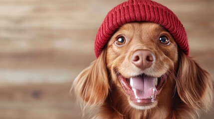 A charming and cute dog wearing a red beanie with a joyful expression, showcasing a delightful and friendly vibe amidst a soft-focus, warm-toned background.