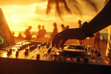 Sunset party scene with DJ mixing, vibrant colors and joyful cro