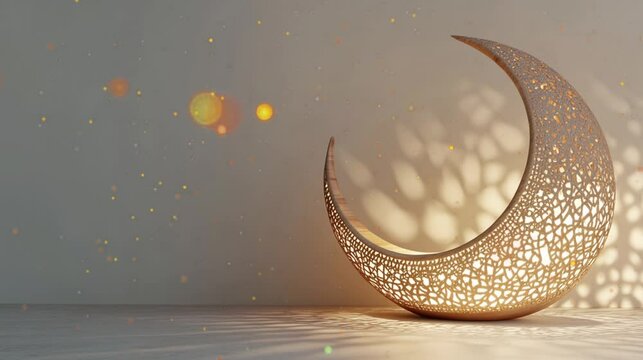 Moon and golden lantern Ramadan concept copy space greeting. Eid Al Fitr.