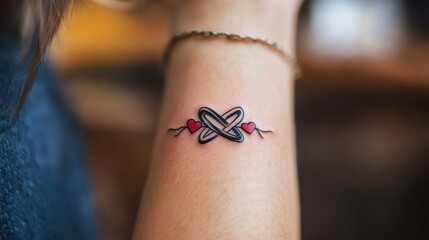 An elegant infinity tattoo is inked on the wrist, featuring two intertwined hearts, symbolizing eternal love and connection, drawn with precise lines and fine details.