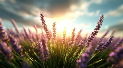 A picturesque close-up of lavender flowers with a sunny background, highlighting vibrant colors, serenity, and the beauty of nature captured at sunrise.