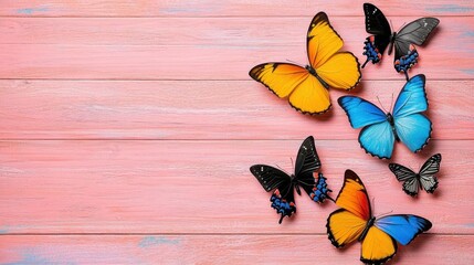 A photostock of an artistic abstract painting of colorful butterflies flying against a vibrant background, symbolizing transformation and creativity. High Quality