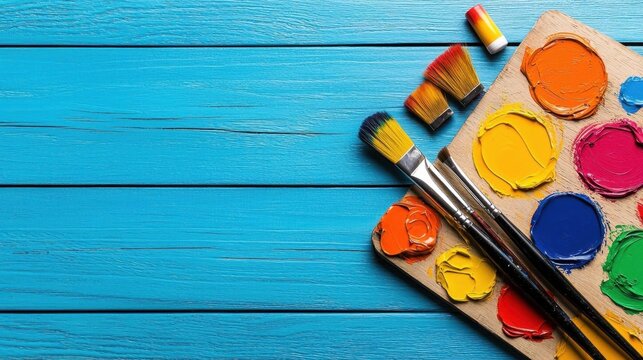 A photostock of an artist's palette with vibrant paint blobs and a set of brushes, placed on a rustic wooden table, symbolizing creativity and artistic expression. High Quality