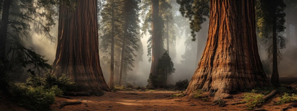 An extraordinary capture of the giant sequoias in California闁炽儲鐛 Sequoia National Park, with fog enveloping the ancient trees, Sequoia forest scene - Powered by Adobe