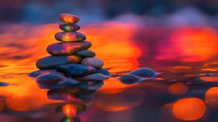 Obraz premium A zen-inspired pebble stack reflecting colorful hues, with gentle ocean waves in the background.