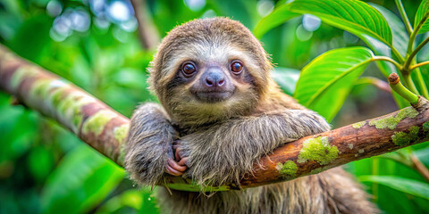 Fototapeta premium A sloth is comfortably perched on a tree branch, surrounded by vibrant green foliage. Its eyes are wide open, showcasing its calm demeanor in a tropical environment