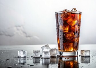Iced Cola Drink, Cold Refreshment, Glass of Cola, Sparkling Beverage, Ice Cubes, Summer Drink, White Background, Photography, Stock Photo, High Resolution, Crisp Image, Cool Drink, 