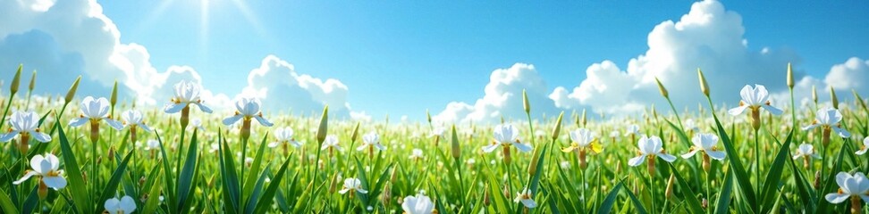 A field of white irises stretches towards the brilliant blue heavens, flowers, greenery © Wachiraporn