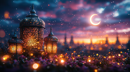Naklejka premium Ornate lanterns glow at sunset with crescent moon over cityscape for Ramadan
