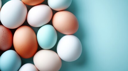 A setting of colorfully arranged eggs rests beautifully, depicting an abstract concept of diversity and unity on a calming blue surface.