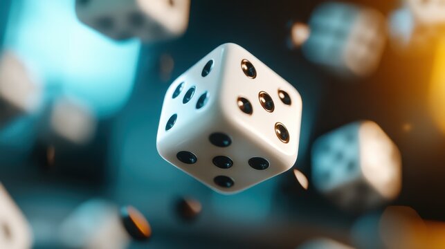 A dynamic shot of dice suspended midair, capturing the intense game atmosphere and movement, with a blurred vibrant background that highlights their edges.