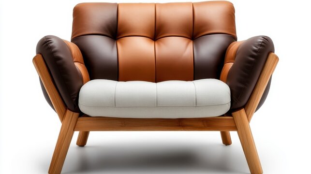 A cushioned chair featuring a vibrant mix of brown and beige leather tones offers a retro style aesthetic, showcasing design excellence in comfort and fashion.