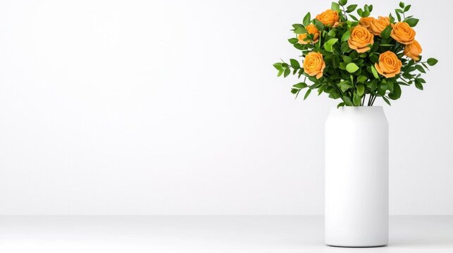 A photostock of an elegantly crafted bouquet of pastel roses and greenery placed in a ceramic vase on a seamless white background, perfect for weddings or decor. High Quality
