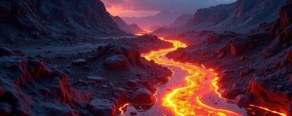 A river of molten gold flows through a barren wasteland at night, glowing lava flow, molten rock