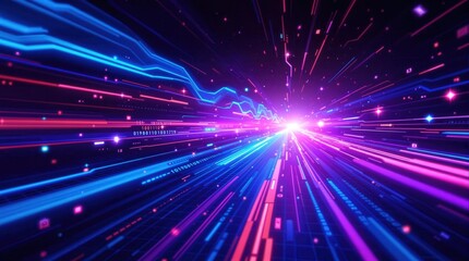 Fototapeta premium Futuristic neon light speed tunnel with digital data stream