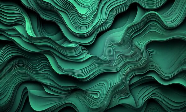 Abstract Emerald Green Layered Wave Pattern, 3D Digital Art
