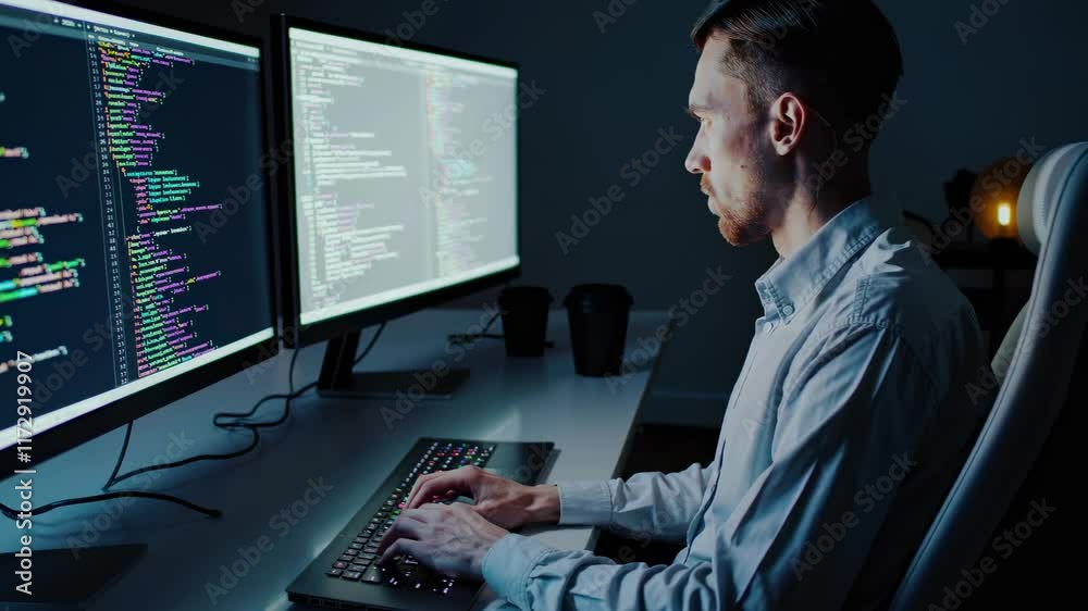 Poster Focused programmer writing code at dual monitor setup in a dimly lit workspace
