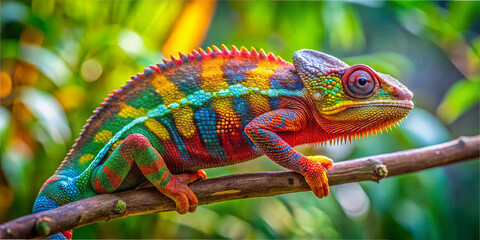 Obraz premium A vibrant chameleon rests on a branch, showcasing its bright colors against the green foliage of a dense tropical rainforest lit by sunlight