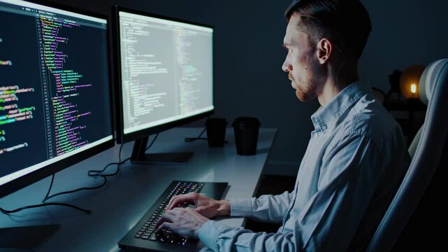 Focused programmer writing code at dual monitor setup in a dimly lit workspace