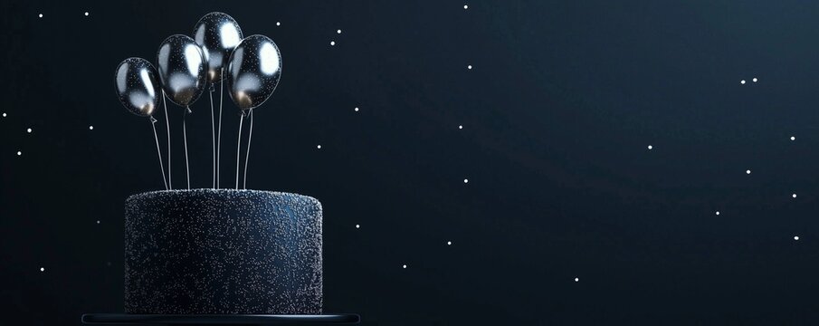 Galaxy-themed birthday cake with sparkling silver balloons on a dark navy background