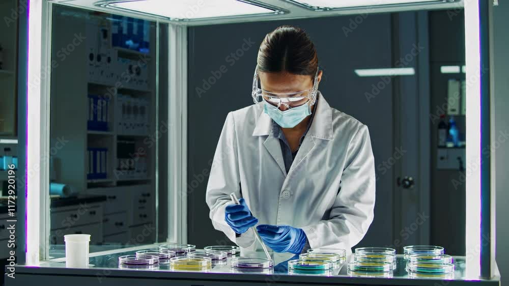 Aufkleber scientist conducting experiments in laboratory with petri dishes and samples