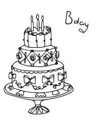 Vector doodles hand drawn birthday party staff, large birthday cake with candles, event decorations, festive doodles