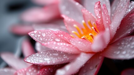 Close-up of a pink lotus flower with water droplets on petals, symbolizing beauty and purity, expressed in a serene and naturally elegant visual portrayal.