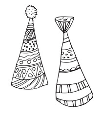 Vector doodles hand drawn birthday party staff, funny cones, birthday decorations, festive doodles