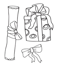 Vector doodles hand drawn birthday party staff, gift box, gift pockets, buttons, birthday decorations, festive doodles