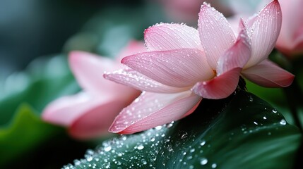 An elegant pink flower with water droplets cascading on lush green leaves, encapsulating the grace and purity of nature in a serene setting.