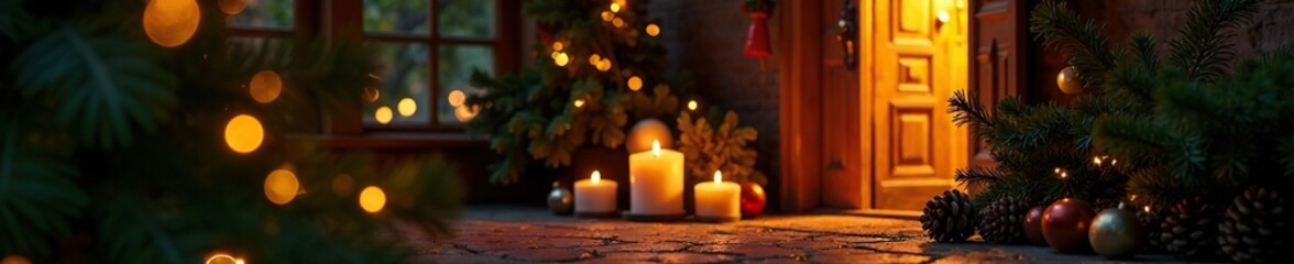 A warm candlelit doorway with greenery and pinecones, holiday, cozy